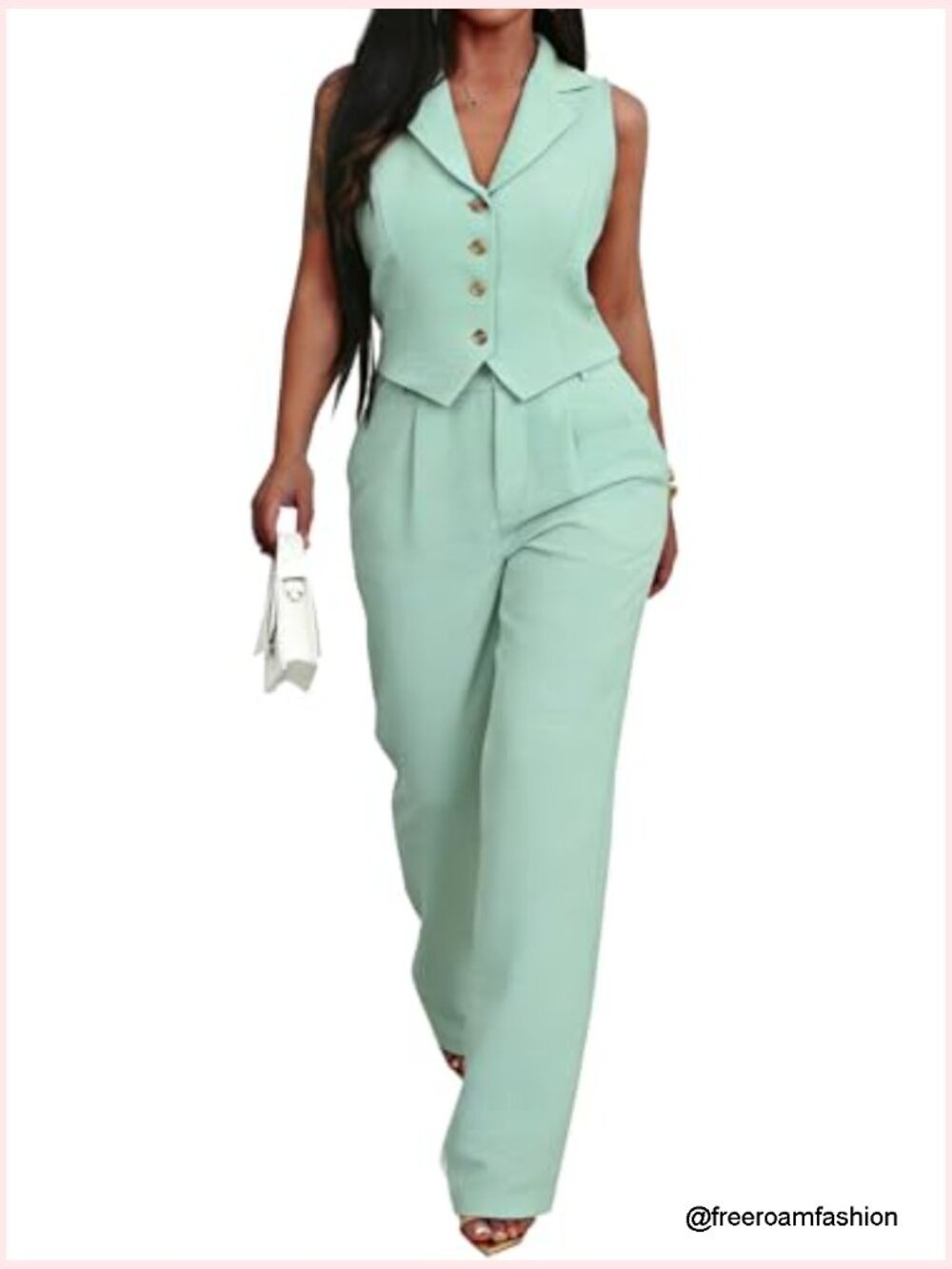 Women's Two Piece Pants Set Sleeveless Vest Blazer Wide Leg Office Outfit - Picture 3 of 7